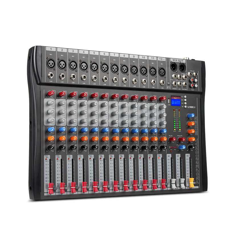 Tragbarer professioneller digitaler 12-Wege-DJ-Mixer mit Bluetooth- und MP3-Audiounterstützung und integrierter 48-V-Phantomspeisung