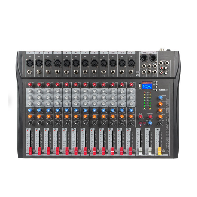 Tragbarer professioneller digitaler 12-Wege-DJ-Mixer mit Bluetooth- und MP3-Audiounterstützung und integrierter 48-V-Phantomspeisung