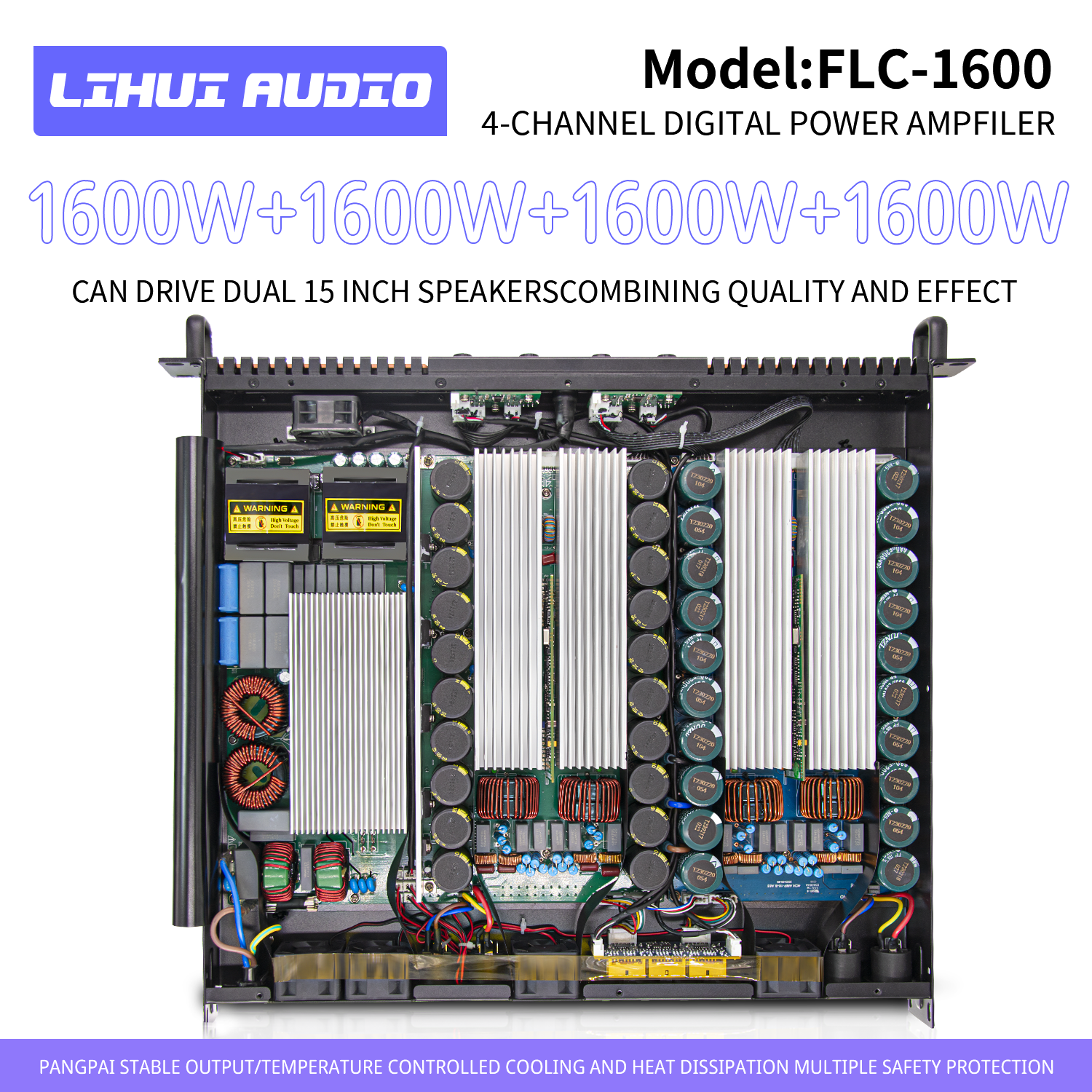 Lihui Audio 1U 4Ch 1600 Watt SUPER Klangqualität Professioneller digitaler Audio-Leistungsverstärker mit Gold-Panel für Lautsprecher