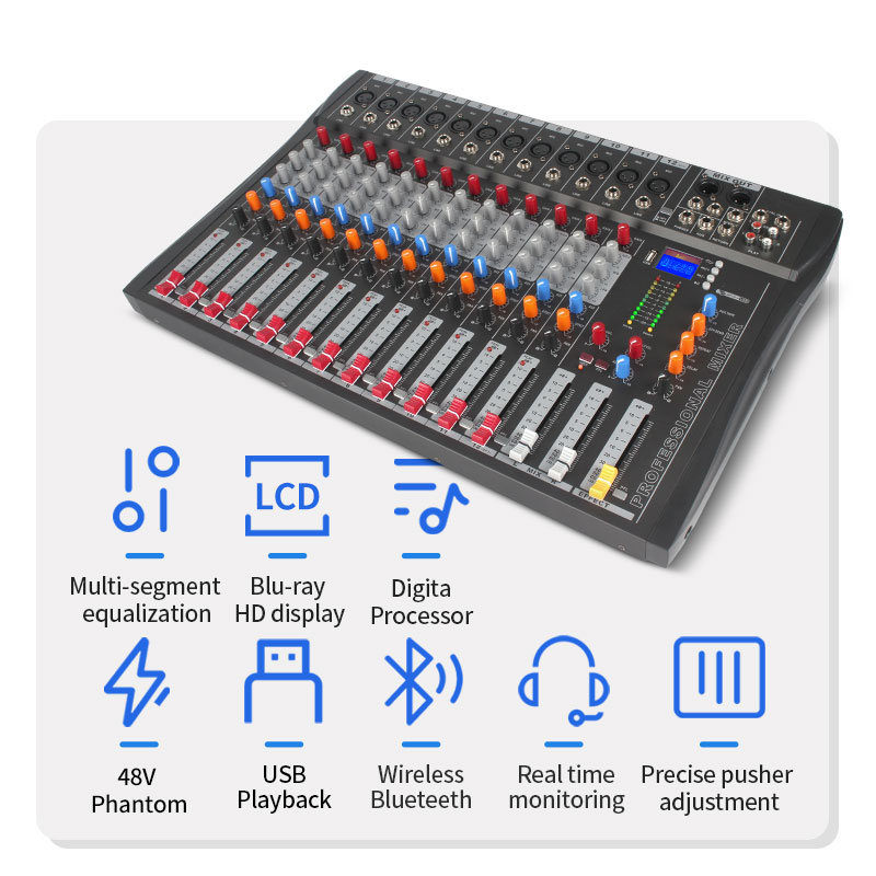 Tragbarer professioneller digitaler 12-Wege-DJ-Mixer mit Bluetooth- und MP3-Audiounterstützung und integrierter 48-V-Phantomspeisung