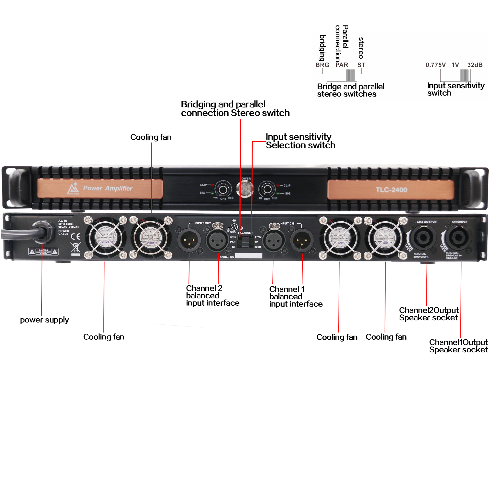 TLC2400 2400-W-Tow-Channel-Pro-Soundverstärker mit Aluminiumkühler im Inneren, Tief- und Hochtonregelung, entwickelt für Touring-Audiosysteme